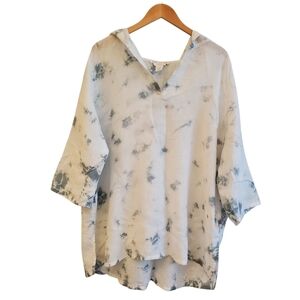 C & C California Linen Hoodie Blouse Womens 2X Tie Dye White Gray Tunic.